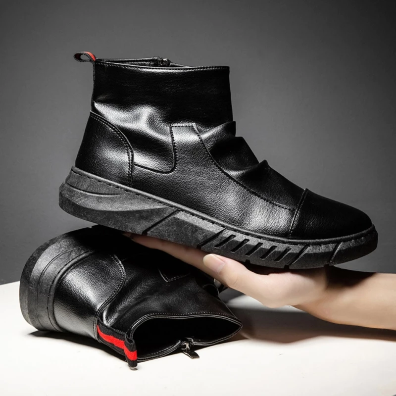 Klassische Schwarze Lederstiefel Männer Herbst Winter Herren Stiefeletten High Top Stiefel Bequeme Plattform Herrenstiefel botas masculino Image