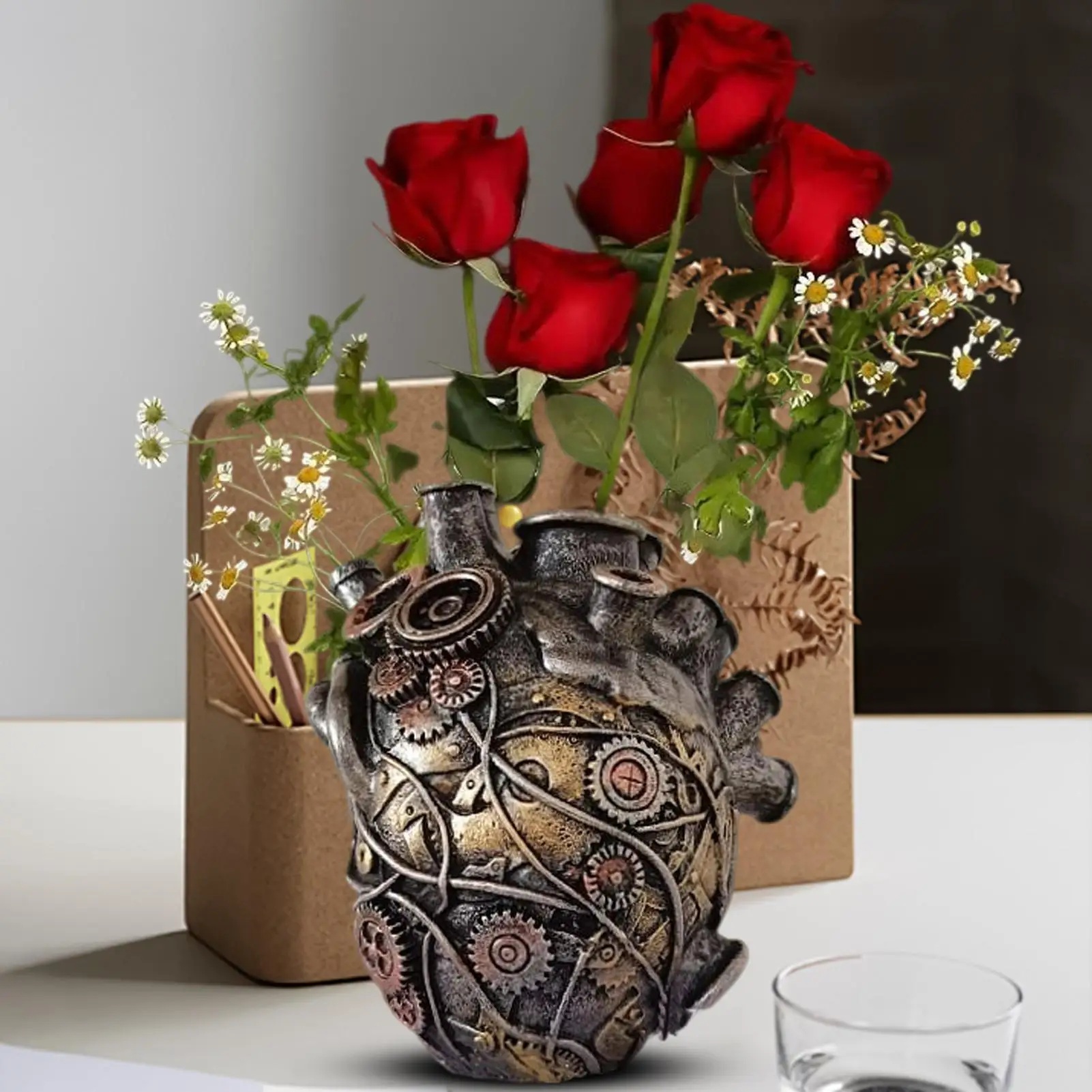 Funky Harz mechanische Herz dekorative Vase mehrere Löcher Pflanzen Topf für Heimdekoration Geschenke Desktop Halloween Dekorationen Image
