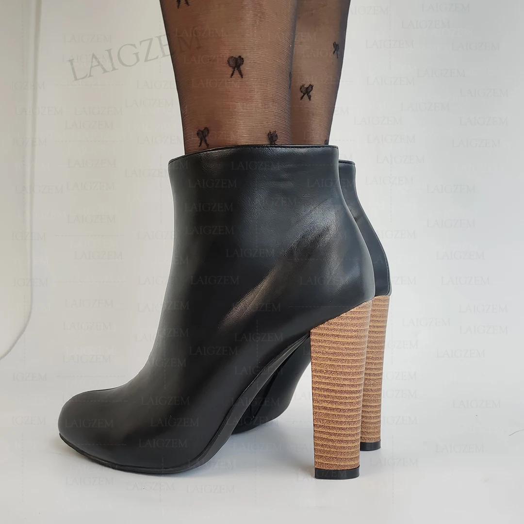 LAIGZEM Damen-Stiefeletten, runde Zehen, seitlicher Reißverschluss, dicke High Heels, kurze Stiefeletten, handgefertigte Damenschuhe, große Größe 41, 46, 50 52