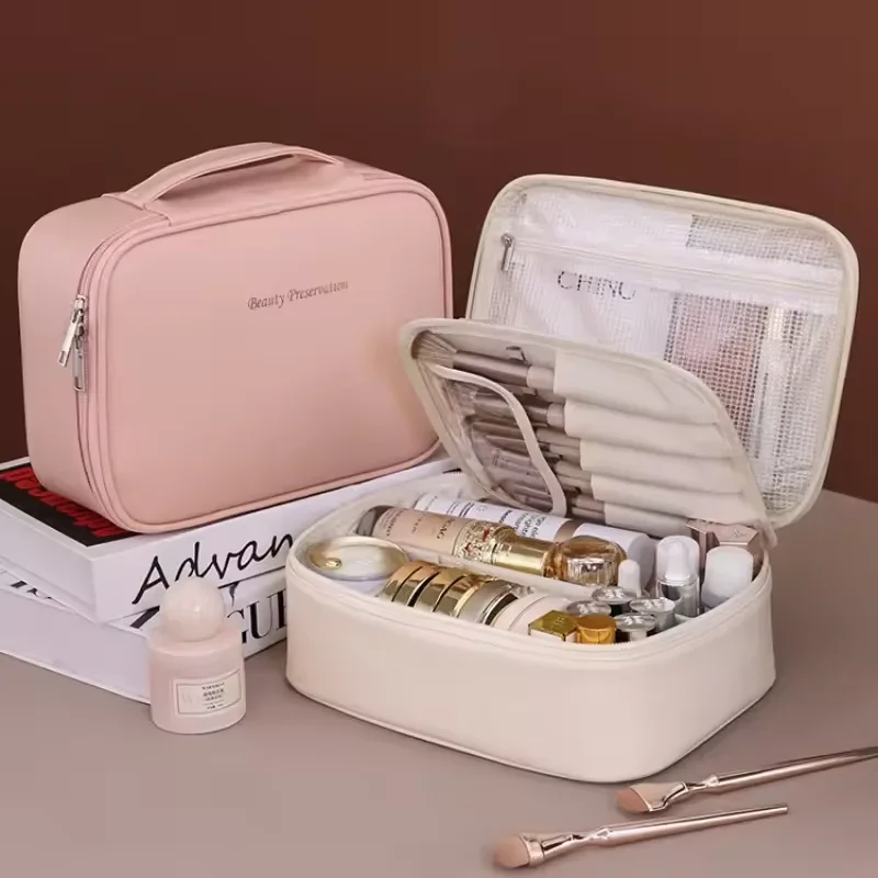 Borsa per cosmetici da donna Borsa per trucco Doppio strato Grande capacità Organizzatore di cosmetici di lusso Elementi essenziali per il viaggio Borsa per cosmetici da donna
