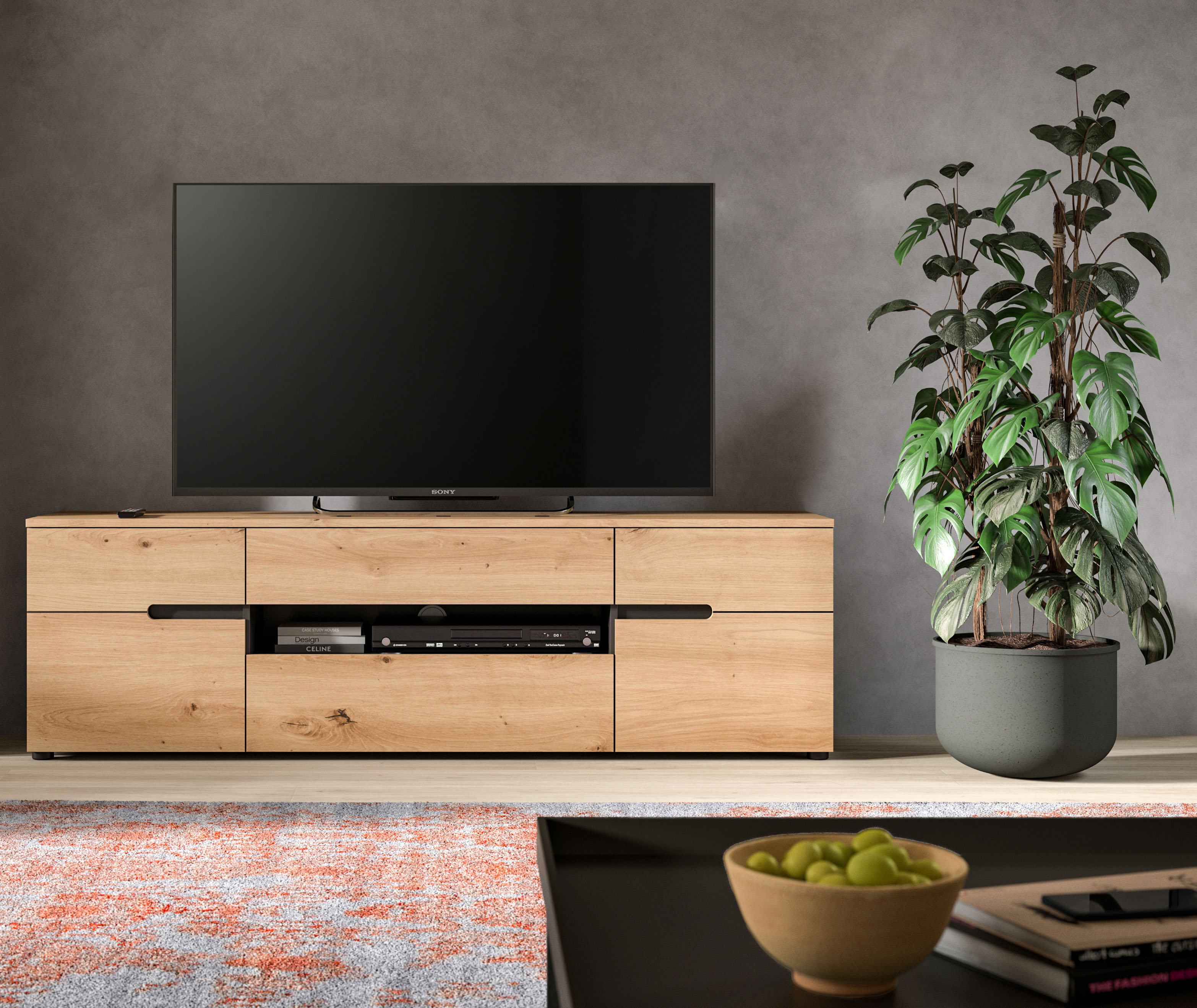 TV-Schrank INOSIGN "REHAT, TOPSELLER, Breite 184 cm, 2 Türen, 1 Klappe, 1 Schublade", basalt grau, artisan nb, B:184cm H:55cm T:44cm, Spanplatte, Schränke, Lowboard, TV Lowboard, Anrichte, Fernsehschrank, Sideboard