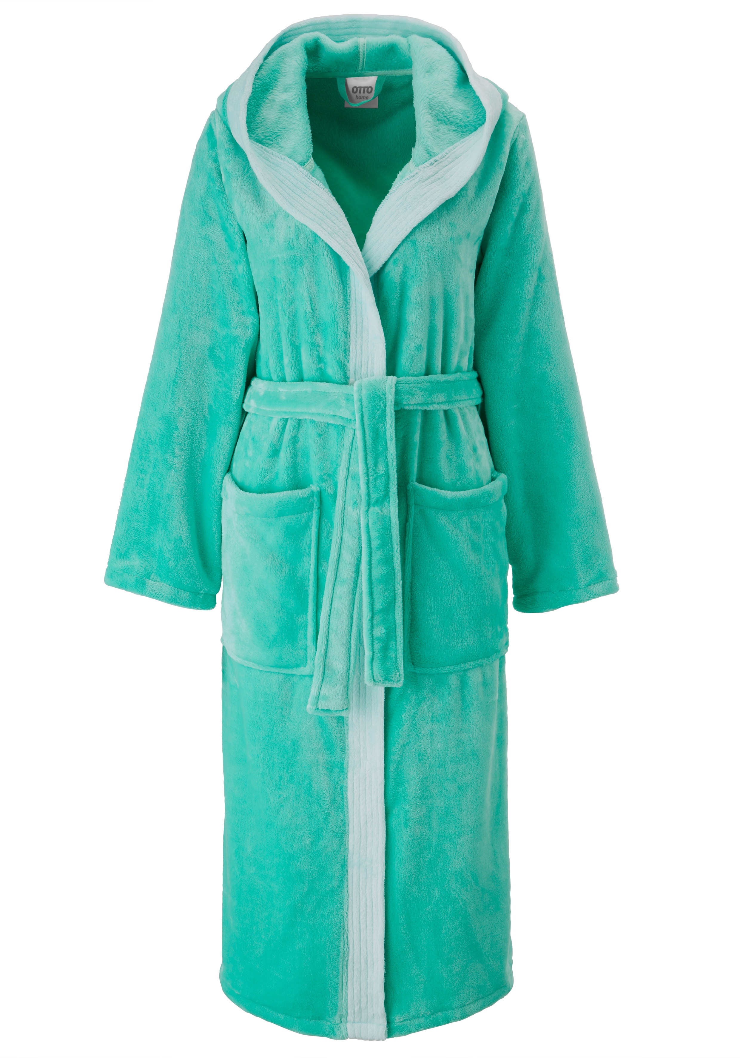Unisex-Bademantel OTTO HOME "Miia, ideal für Sauna, Spa & im Urlaub" Gr. L, türkis, L:120cm, Microfaser, Hausmäntel, weich und kuschelig, plüsch, für Damen und Herren, S-XL Image