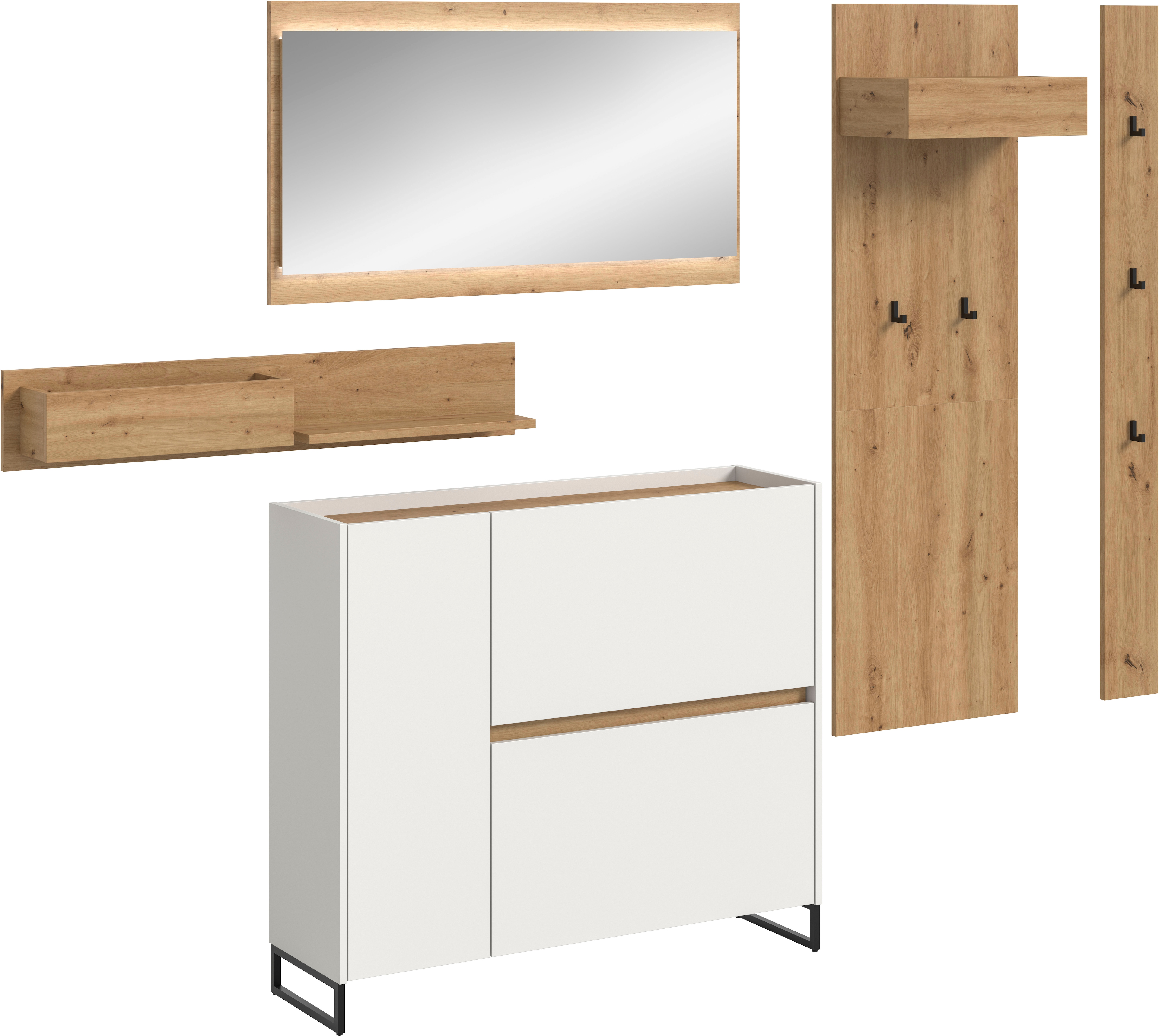 Garderoben-Set INOSIGN "EVRID, 5-teilig, Breite 236 cm, inkl. Beleuchtung", weiß nb, artisan oak nb, B:236cm H:192cm T:32cm, Spanplatte, Kastenmöbel-Sets, Garderobenkombination, Garderobe, Wandgarderobe, Flur, Diele Image