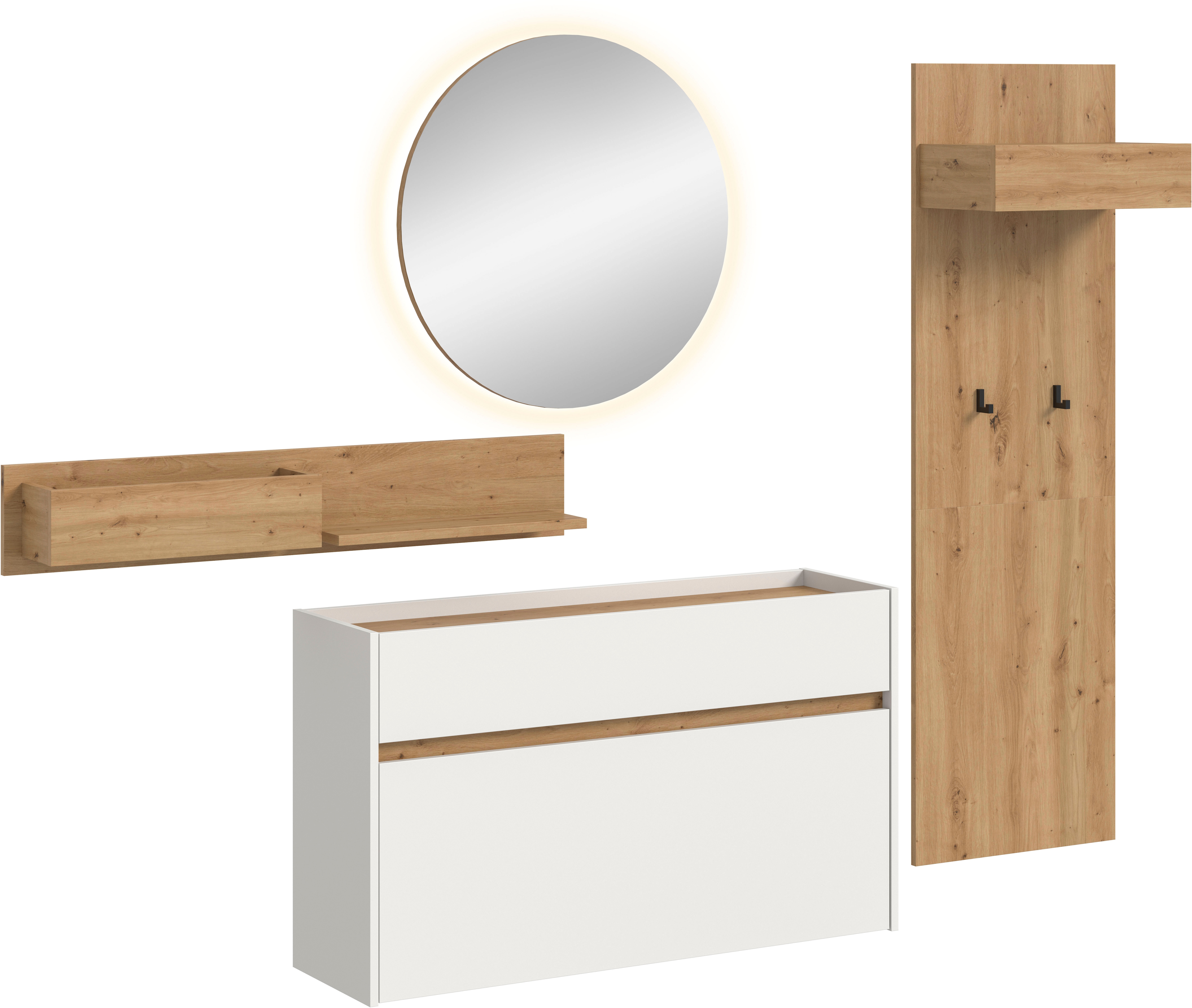 Garderoben-Set INOSIGN "EVRID, 4-teilig, Breite 205 cm, inkl. Beleuchtung", weiß nb, artisan oak nb, B:205cm H:197cm T:32cm, Spanplatte, Kastenmöbel-Sets, Garderobenkombination, Garderobe, Wandgarderobe, Flur, Diele Image