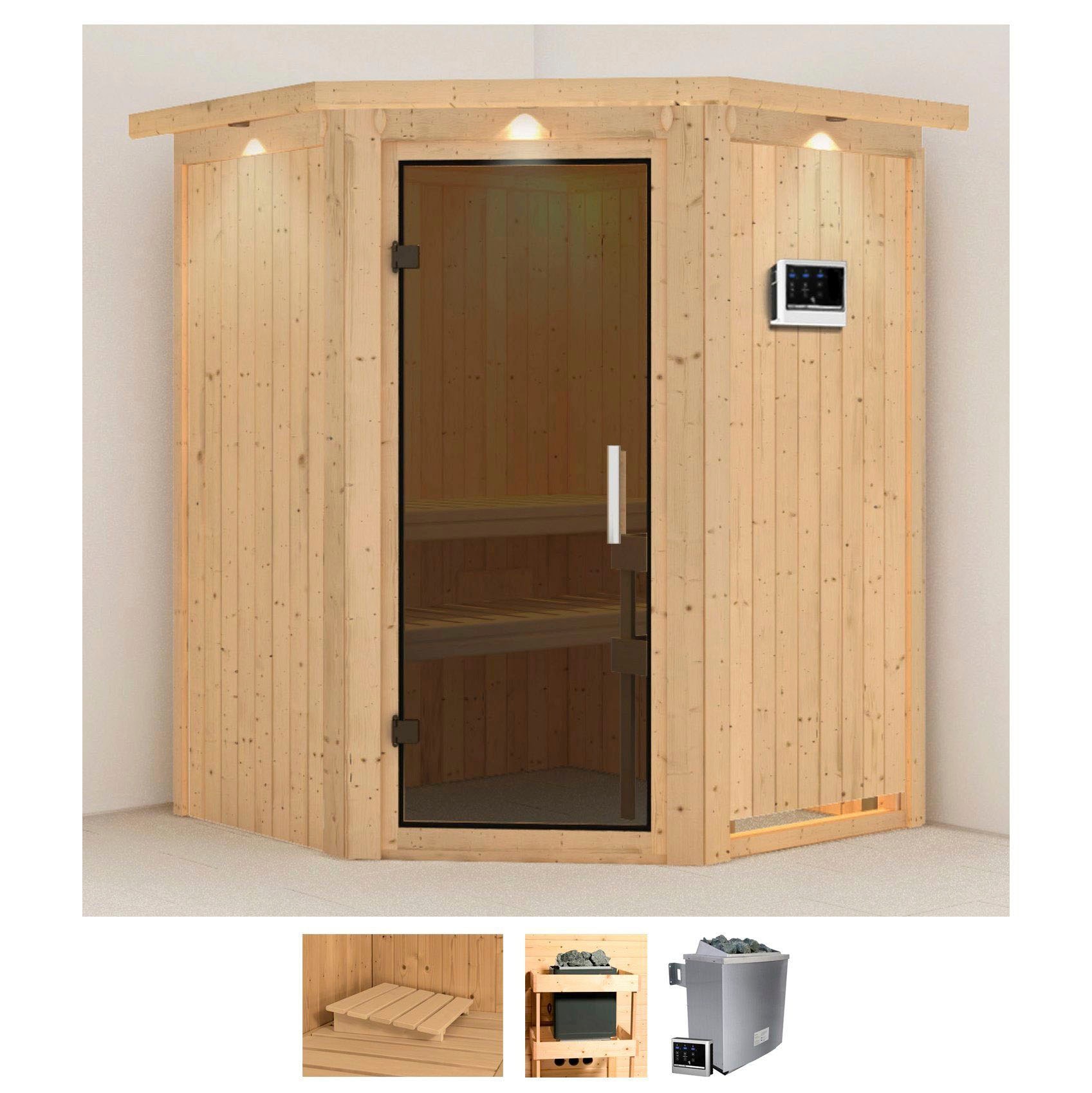 Sauna KARIBU "Larin", beige (naturbelassen), Saunaofen, externe Steuerung, 9 kW, Saunen, 9 KW-Ofen mit externer Steuerung Image