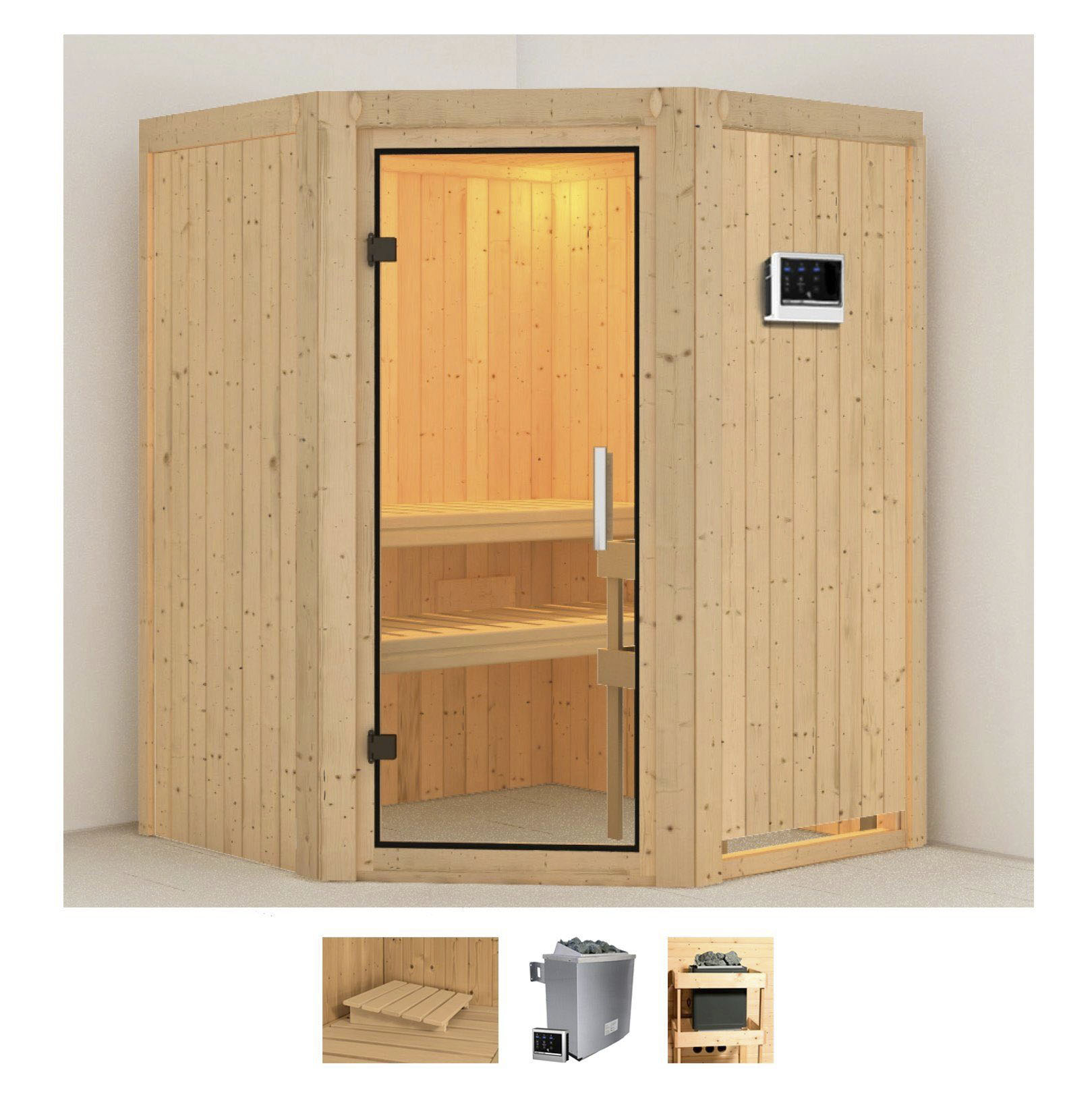 Sauna KARIBU "Larin", beige (naturbelassen), Saunaofen, externe Steuerung, 9 kW, Saunen, 9 KW-Ofen mit externer Steuerung Image