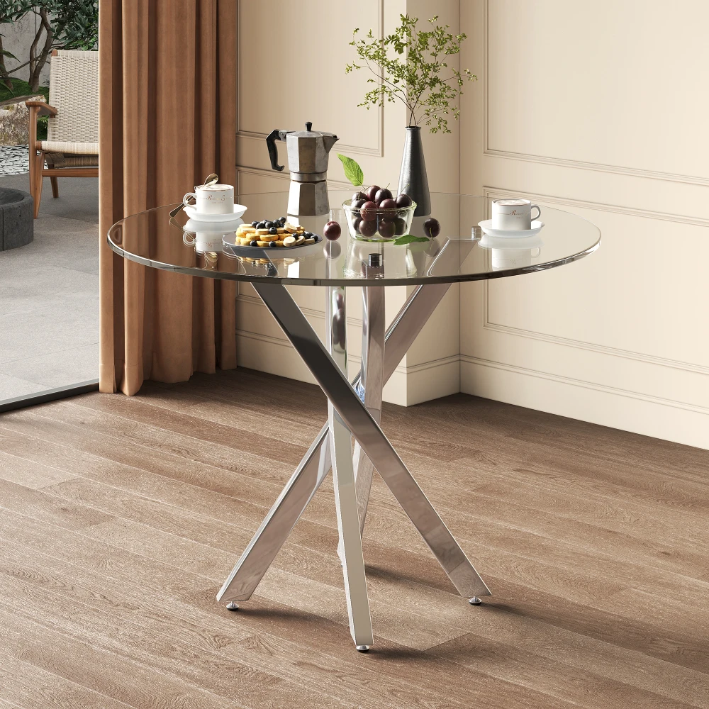 Table à manger ronde moderne, plateau de table en verre trempé, table à manger moderne, pieds de table galvanisés, table basse de loisirs