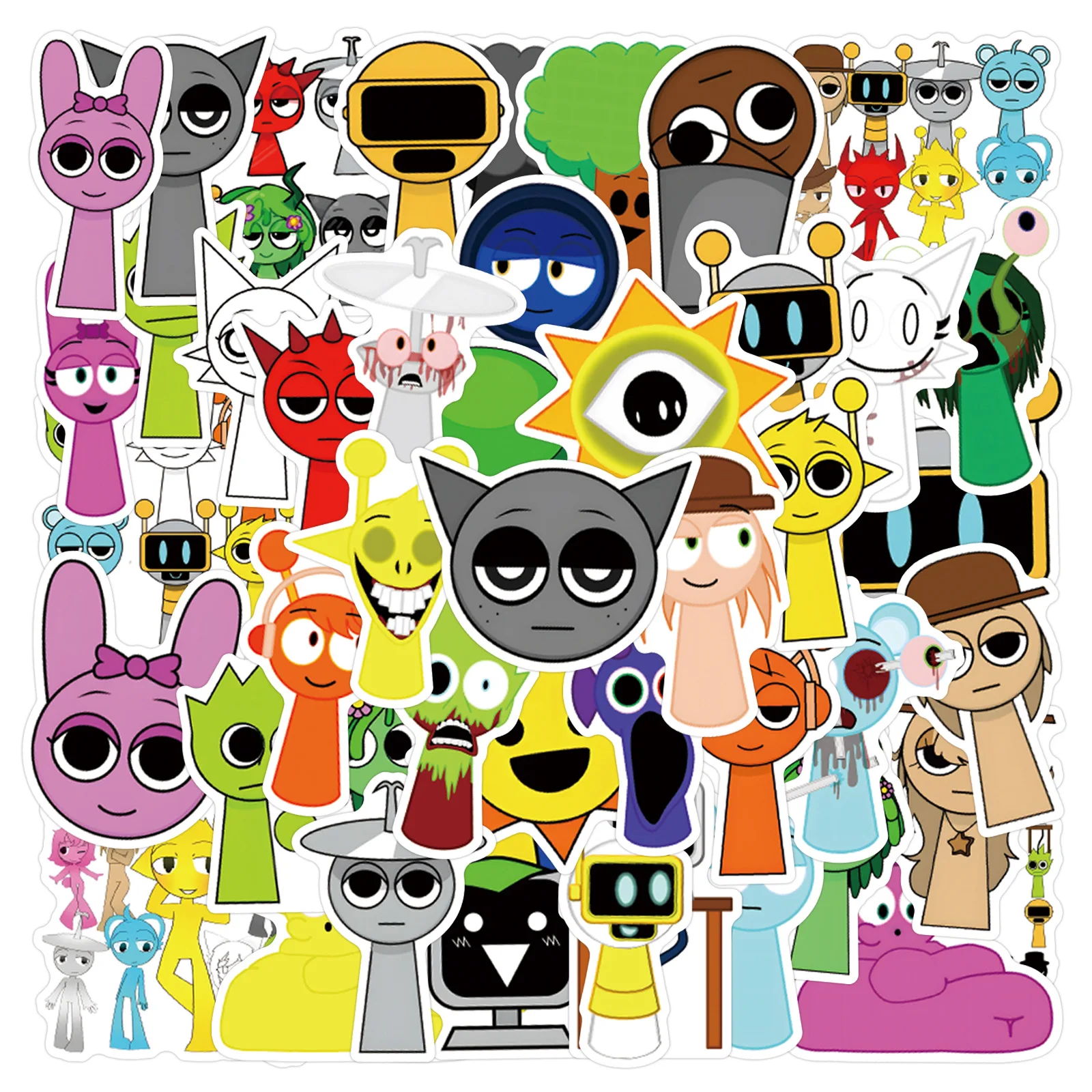 55-Pack Sprunki Graffiti Stickers - Waterproof Decals for Skateboard, Notebook, Phone, Guitar - Vibrant Doodle Designs