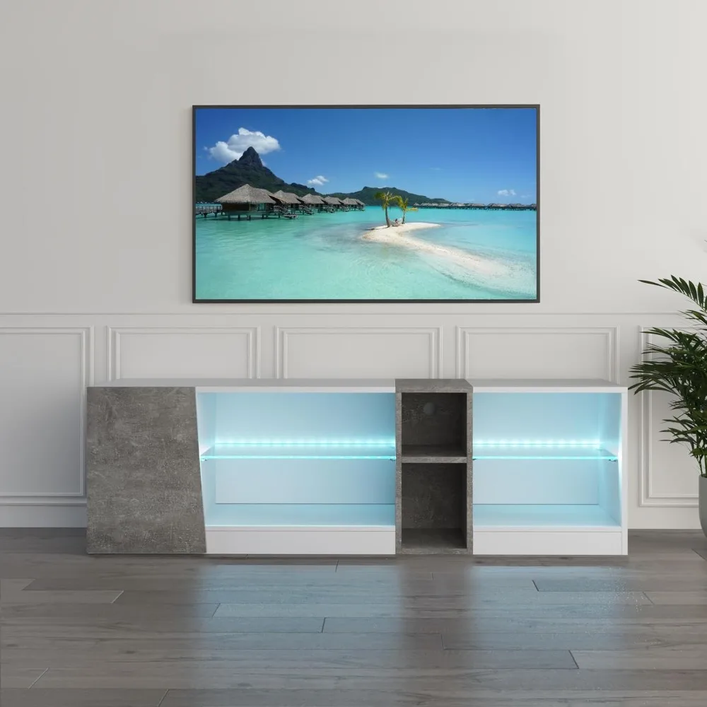 Meuble TV, meuble TV LED avec 5 compartiments et 1 porte, pour téléviseurs 55 pouces, pour salon chambre, L140 x H45 x D37,5 cm, blanc a