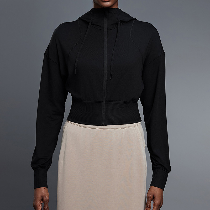 Women's Sports Crop Coat Hooded Jacket Full Zip Jacket Breathable Drawstring Long Sleeve Sports Solid Color Top For Gym Running Fitness Activewear