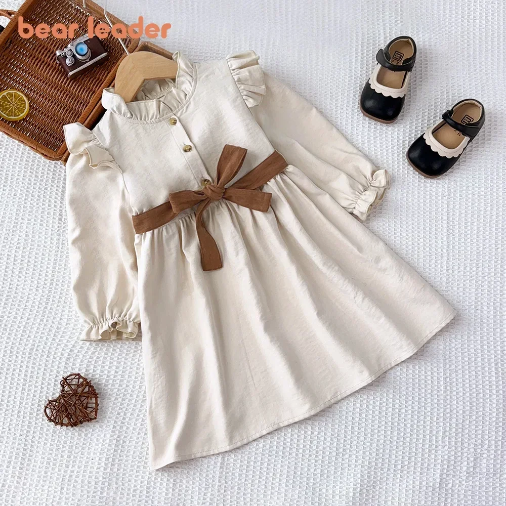 Bär Führer Frühling und Herbst Neue Koreanische Version Plain Langarm Mädchen Kleid Knopf Gebunden Gürtel Kinder Casual Kleider Image