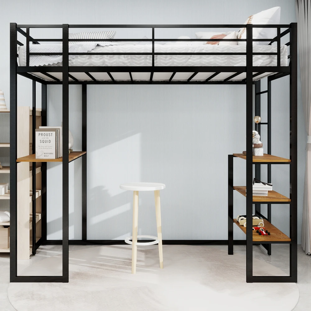 Bett mit Eisenrahmen, Bett und Tisch, mit L-förmigem Schreibtisch, Bett mit Geländer und Treppe, mit Treppe auf beiden Seiten