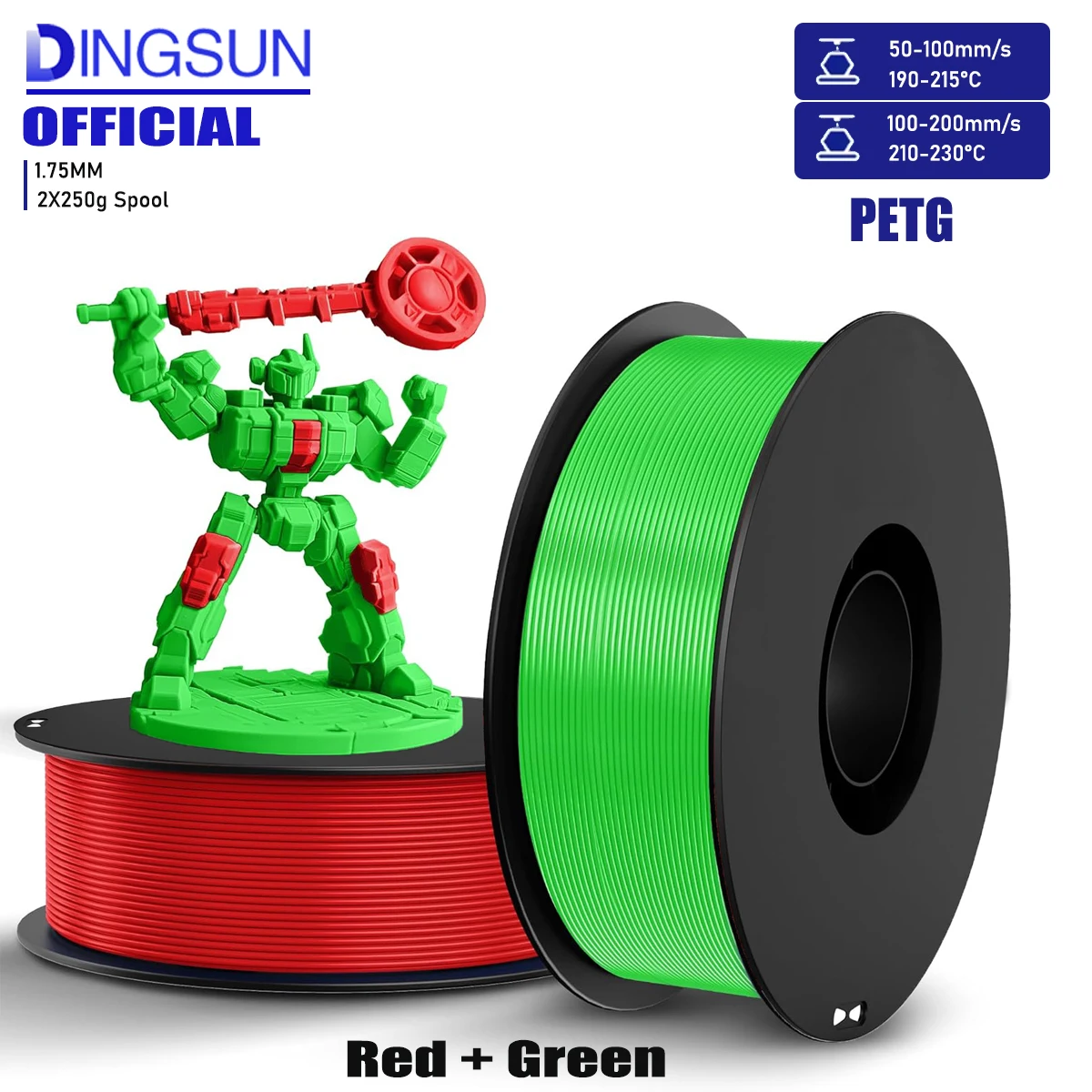 PETG-Filament 1,75 mm 250 g/500 g/1000 g, 3D-Drucker-Filament PETG, starke Zähigkeit, dimensionale Genauigkeit ±0,02 mm, Rot und Grün Image