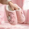 Hausschuhe für Kinder, Hausschuhe, Cartoon-Kuromi-Winterschuhe für Mädchen, warm, rutschfest, weicher Boden, rosa, weiße Schuhe, Größe 36–41