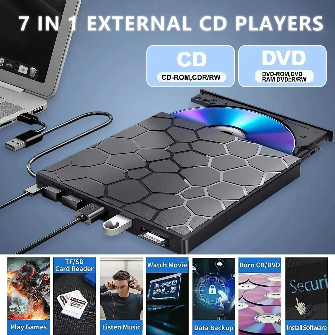 7-in-1 USB 3.0 Typ-C Externer DVD RW CD-Player Optische Laufwerke DVD-Brenner Recorder Reader Disk Drive für Laptop Desktop Notebook Image