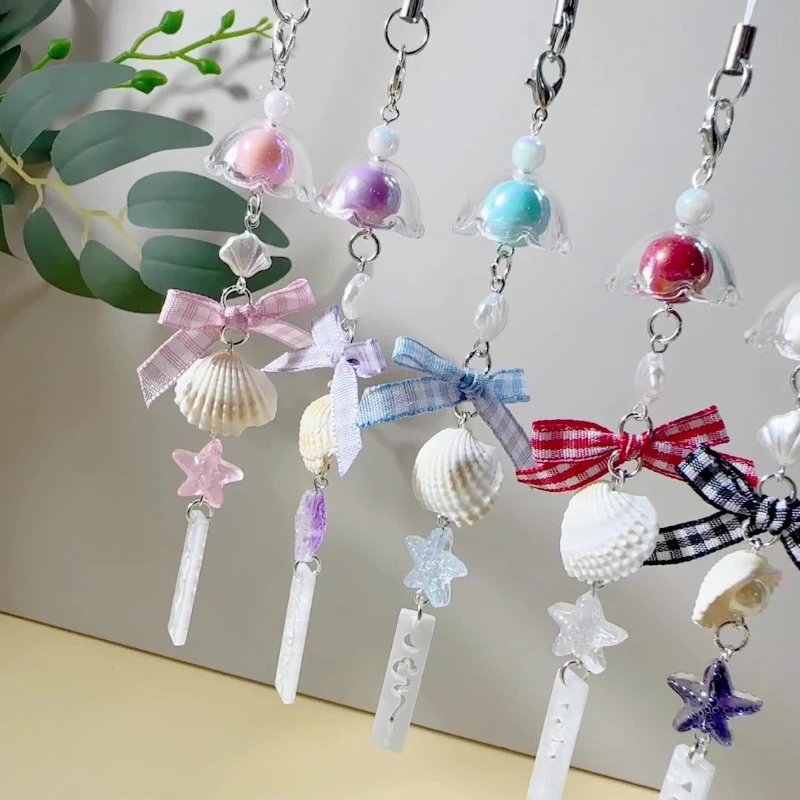 Neuer karierter Windspiel-Schlüsselanhänger mit Schleife und Muschel, süßer und vielseitiger Handy-Ketten-Taschenanhänger Image