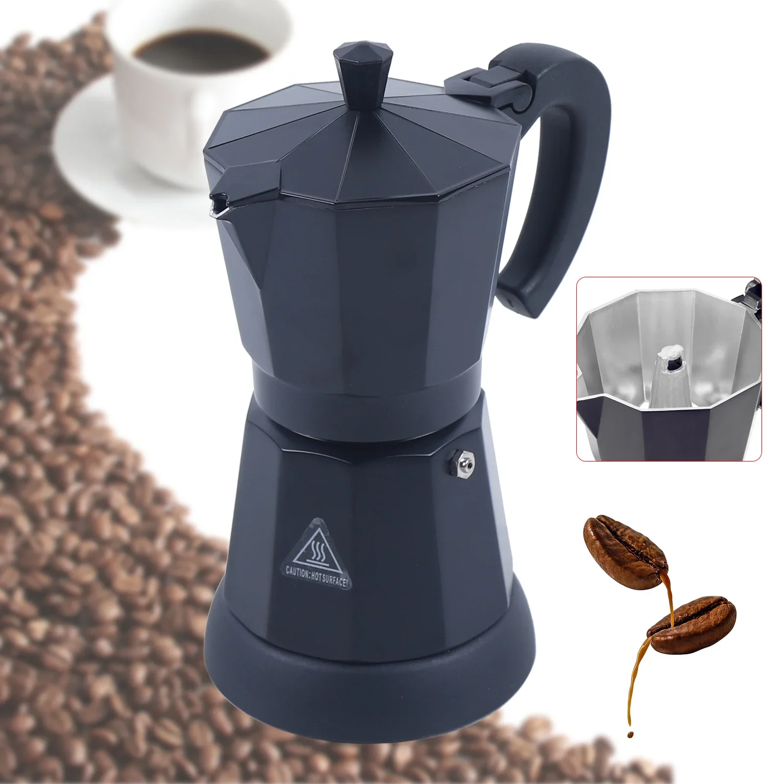 BYMAOCAR Espressomaschine, 300 ml, elektrische Kaffeemaschine, Aluminium-Espressomaschine, Mokka-Espressokanne mit separater Basis