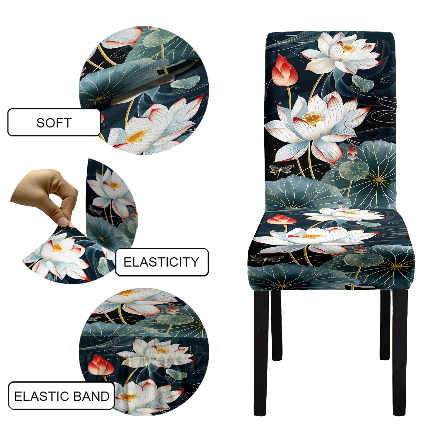 4/6 Stück Four Seasons Stuhlbezug, Lotusblumenmuster, Stretch-Druck, Esszimmerstuhlbezug, waschbar, geeignet für Hotelrestaurant Image