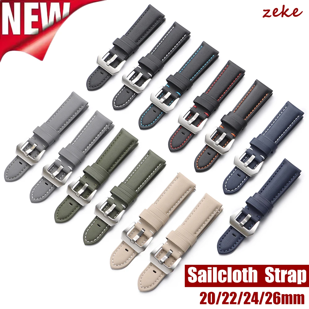 Universelles Uhrenarmband mit Nähten, langlebiges Segeltuch und Leder-Uhrenarmband, 20 mm, 22 mm, 24 mm, 26 mm, Uhrenarmband-Zubehör, perforierter Gürtel Image