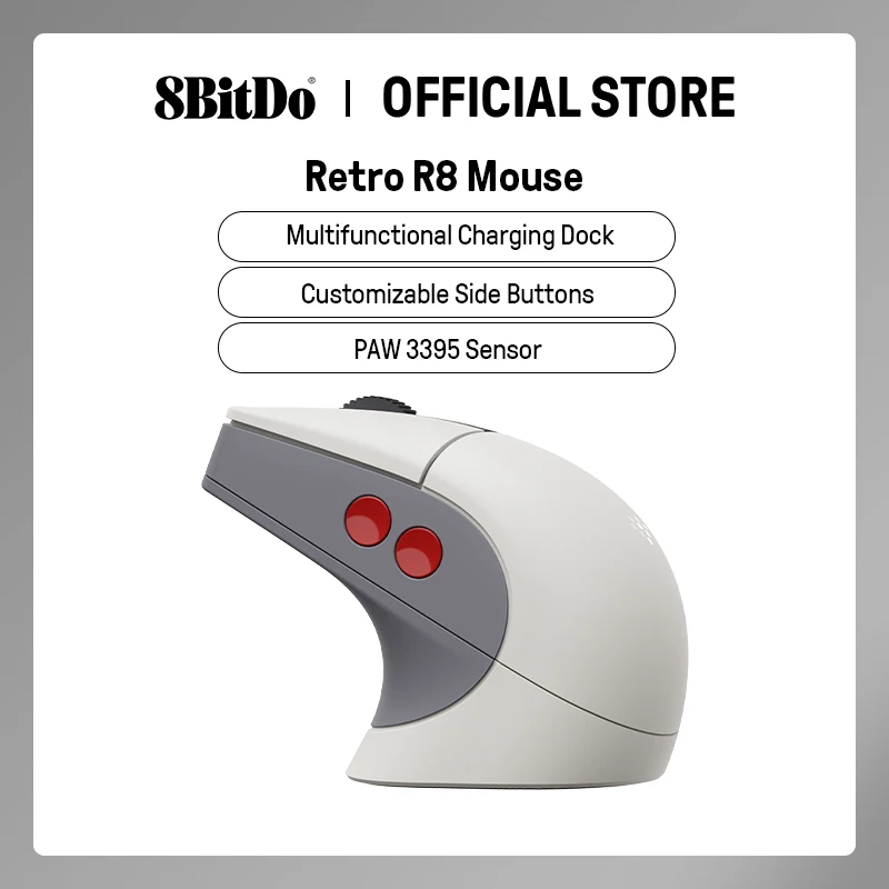 8BitDo Retro R8 Maus mit PAW 3395 optischer Sensor DPI 26K, kabellose 4K-Polling-Maus mit Ladestation – N Edition Image
