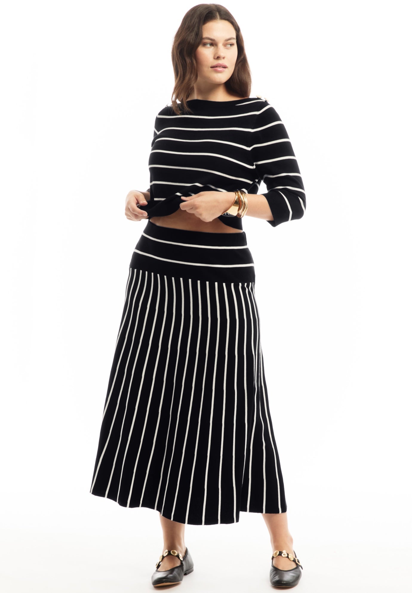 Plus Size Women's Striped Knit Midi Skirt by June & Vie in Black Onyx Stripe (Size 18/20)