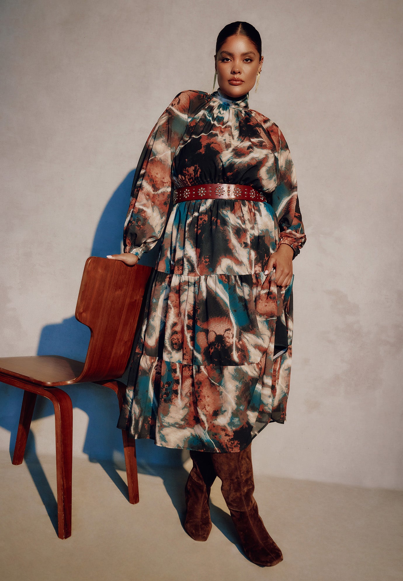 Plus Size Women's Mock-Neck Chiffon Midi Dress by June & Vie in Painted Marble (Size 14/16)