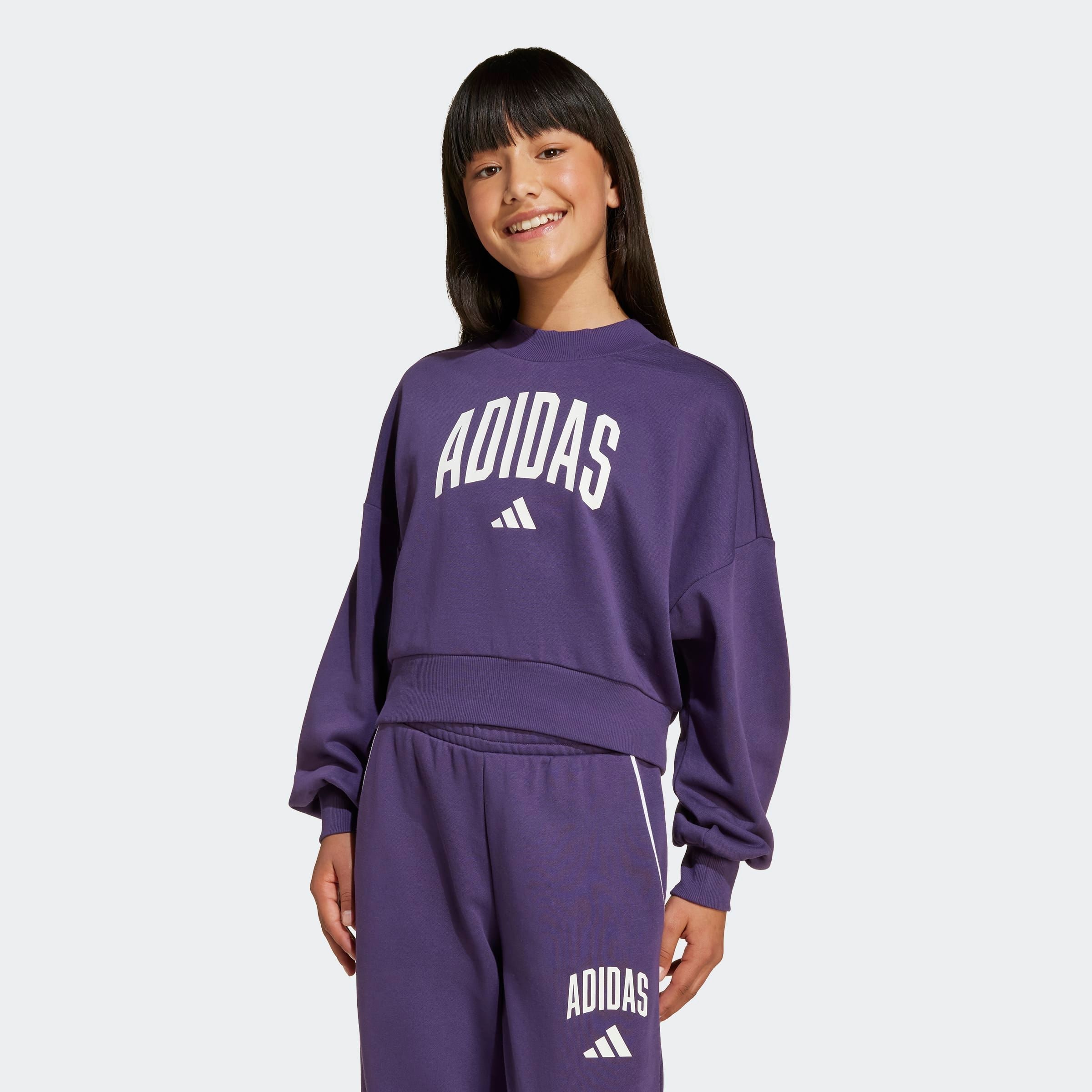Sweatshirt ADIDAS SPORTSWEAR "JG CLGT FT SWT", Kinder, Gr. 128, aurora plum, weiß, Obermaterial: 70% Baumwolle, 30% Polyester, Sportlich, Rundhals, Sweatshirts Image