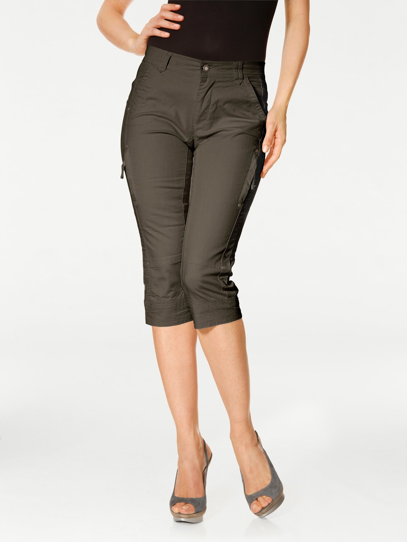 Caprihose, Damen, Gr. 50, Normalgrößen, grün (khaki), 98% Baumwolle, 2% Elasthan, B.C. BEST CONNECTIONS BY HEINE, unifarben, 3/4-Länge, Hosen Caprihose