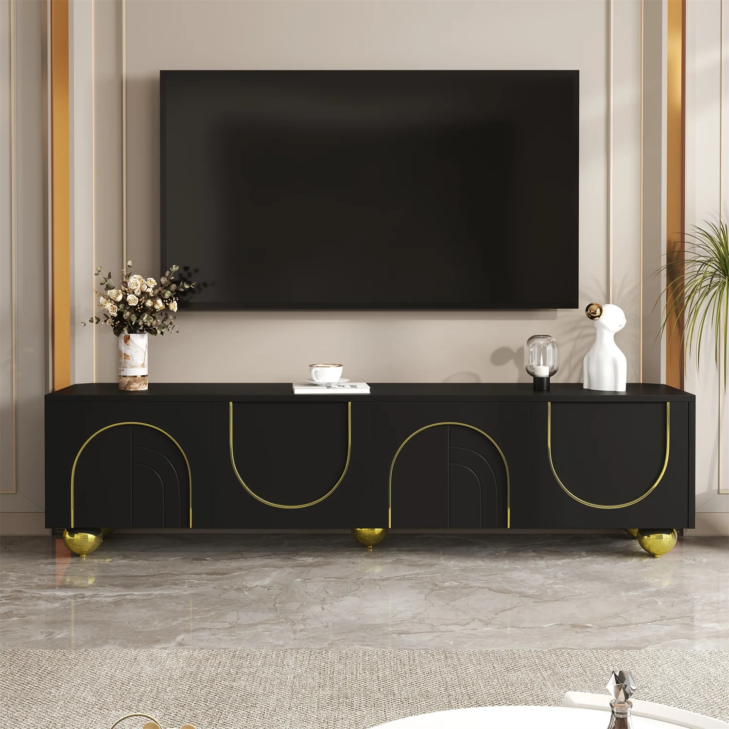 Meuble TV, meuble bas avec portes structurées, ornements dorés, pieds ronds dorés, inserts inclus, push-to-open