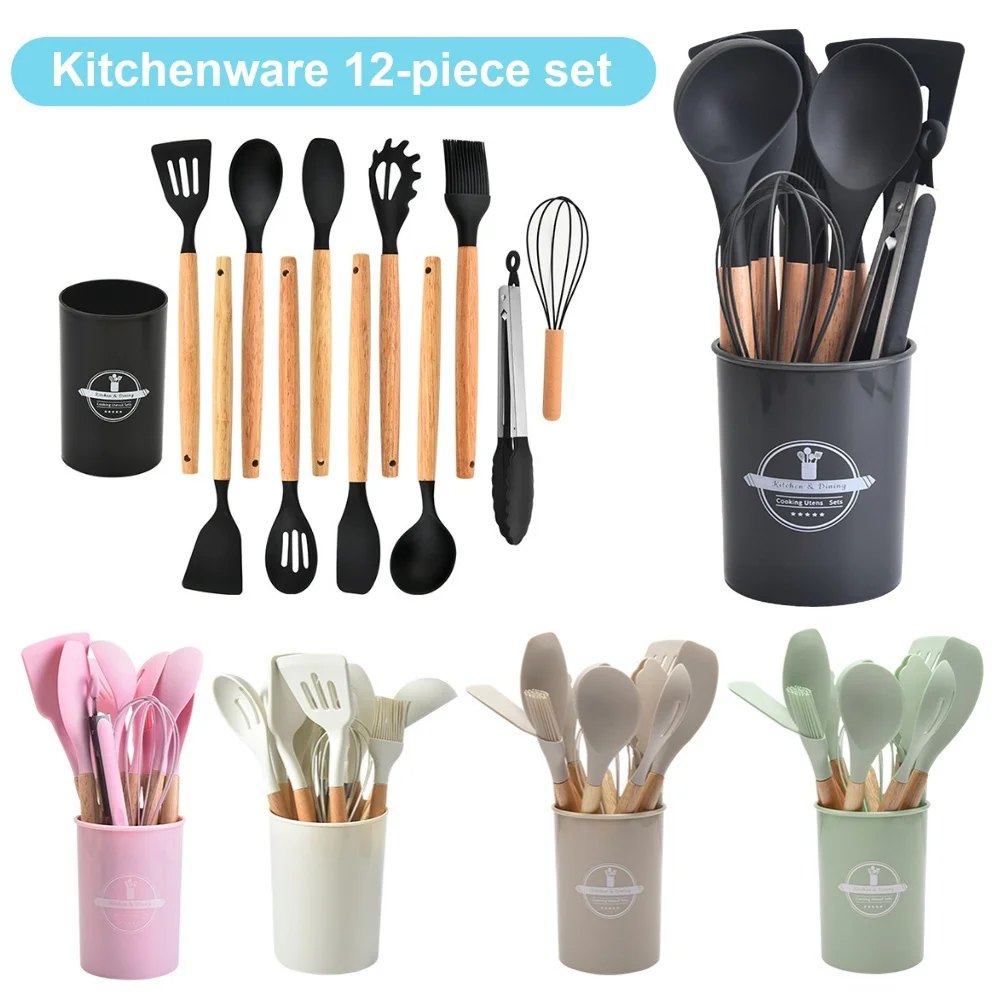 Ensemble d'ustensiles de cuisine, Kit d'outils de cuisine, manche en bois, spatule antiadhésive, spatule cuillère brosse fouet pour la cuisine domestique 12 pièces