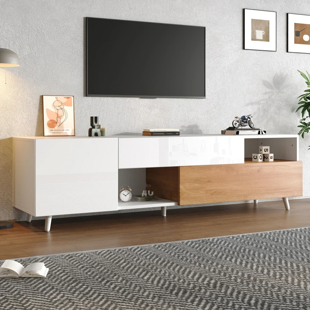 Meuble TV 180*38*50cm, meuble TV avec 7 compartiments de rangement, meuble TV haute brillance, table TV, adapté pour TV environ 75 pouces