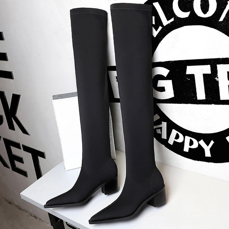 BIGTREE Schuhe Frauen Sexy Overknee Stiefel Spitz Top Stretch Stiefel Starke Ferse Hohe Stiefel Schwarz Lange Stiefel Herbst Winter Schuh
