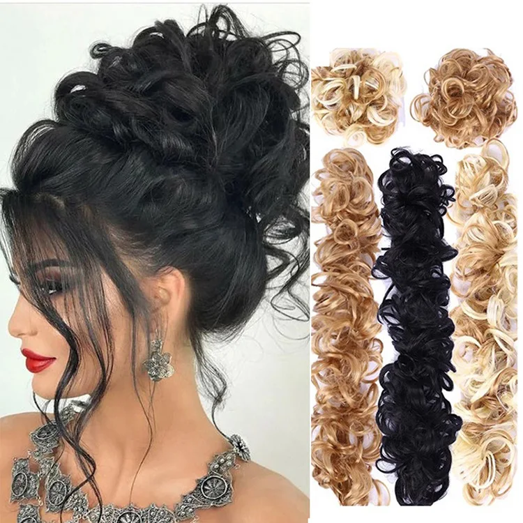 Lockiges, unordentliches Dutt-Donut-Haarteil | DIY-Pferdeschwanzverlängerungen für Frauen – sofortiges Hochsteckfrisur-Zubehör mit Haar-Donut-Ring Image