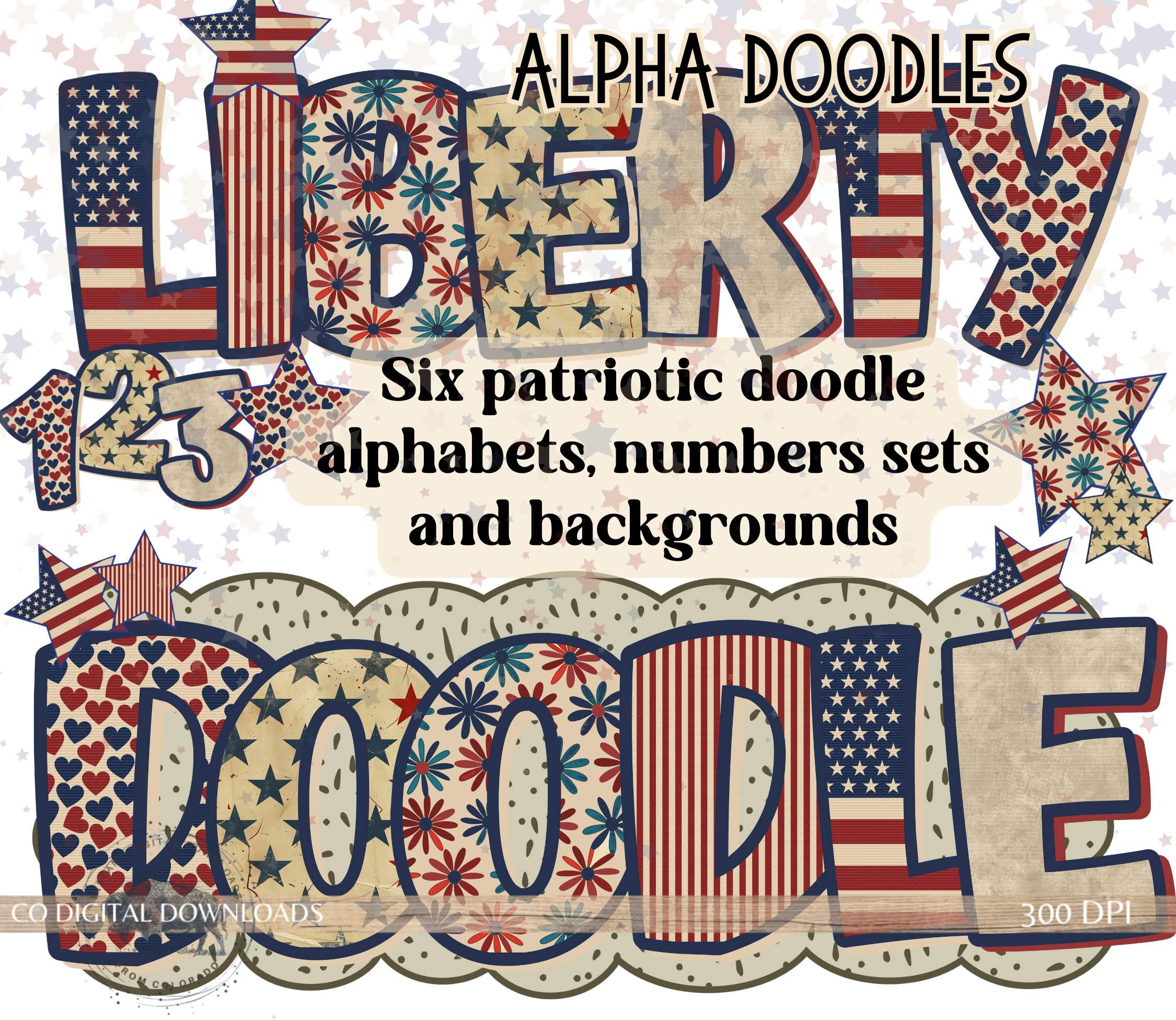 Pacchetto PNG di lettere e numeri dell'alfabeto Americana Doodle, lettere vintage del 4 luglio, Memorial Day, sublimazione, USA Alpha doodle, bolletti