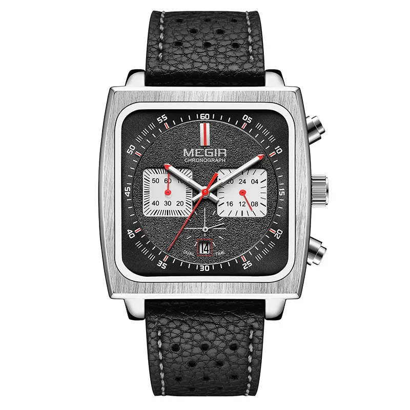 MEGIR 2182 Blau Schwarz Quadratisches Zifferblatt männer Casual Lederband Datum Wasserdicht Nachtlicht Retro Design männer Quarzuhr reloj