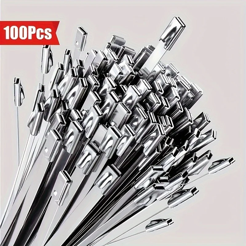 100 Stück selbstsichernde Kabelbinder aus Metall, wiederverwendbar, robust, für Kabelbinder, Organizer, Multifunktions-Kabelbinder aus Edelstahl Image