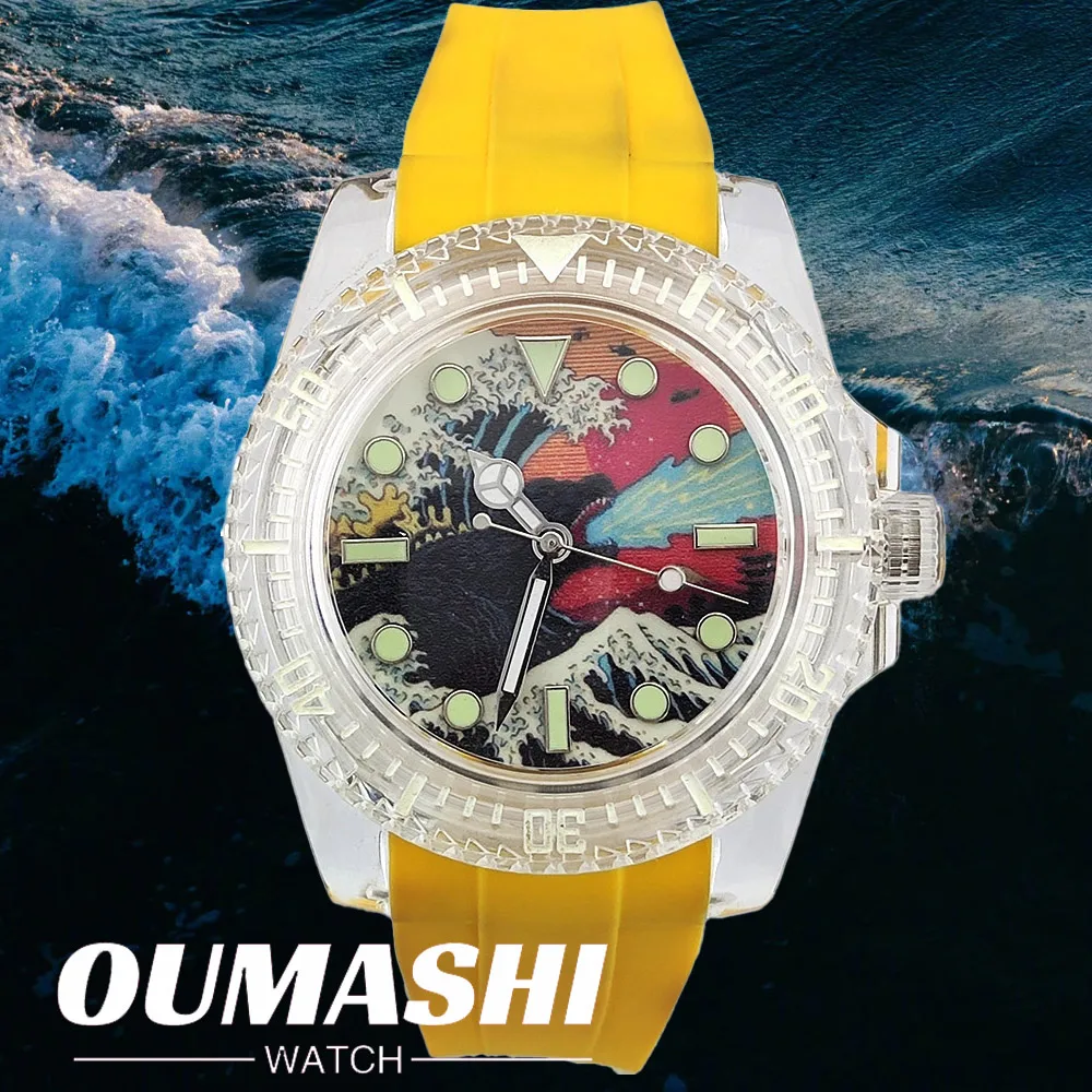 40 mm leuchtendes transparentes Kunststoffgehäuse, automatische mechanische Uhr, Acrylglas, NH35-Uhrwerk, wasserdichte 5ATM-Herren-Luxusuhr Image