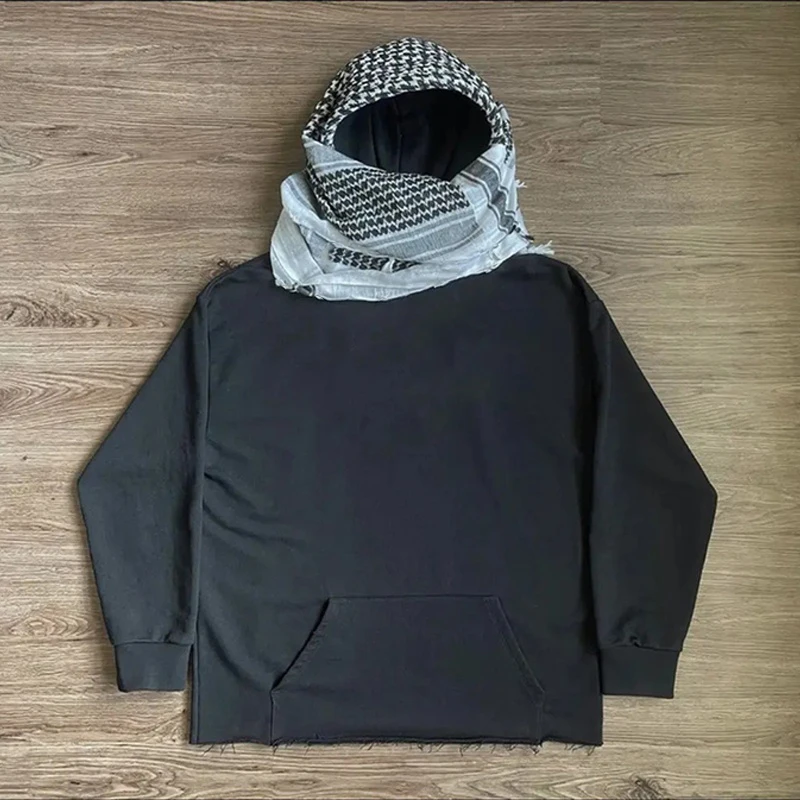 Schwarzer Kapuzenpullover im Y2k-Hip-Hop-Stil mit arabischer Wüsten-Schal-Set, getragener Saum, geeignet für Street-Retro-Mode-Hoodie
