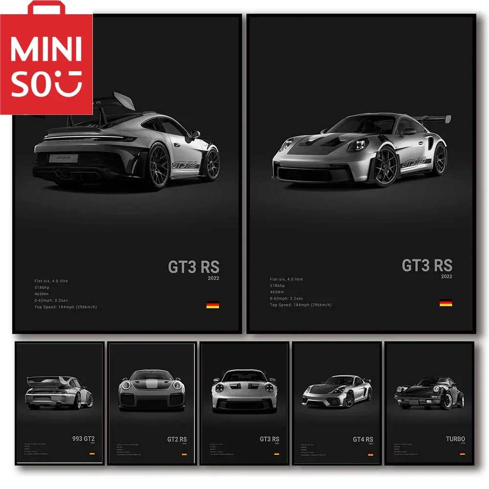 Pop Black and White Deutschland Luxus-Super-Sport-Auto-Poster, ästhetischer 911 GT3 RS Turbo-Leinwanddruck für Wandkunst, Garage, Raumdekoration