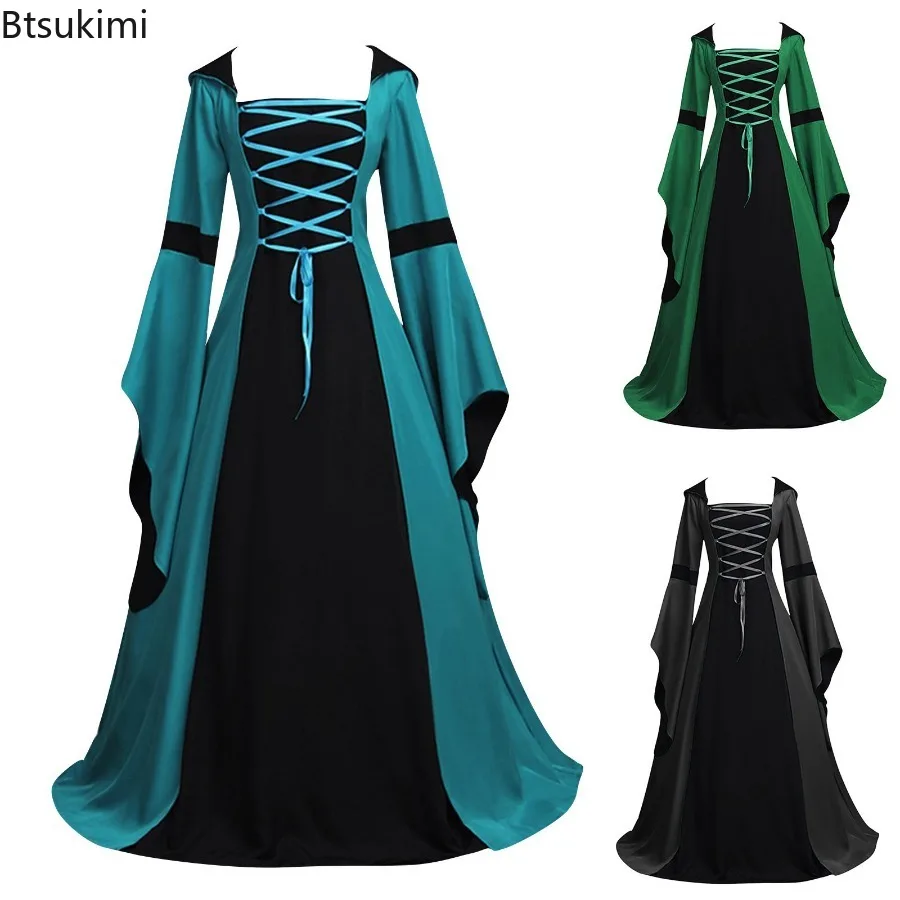 Costume medievale vintage da donna, rinascimentale vittoriano, collo quadrato, pizzo, maniche svasate, patchwork, abito scampanato gotico con cappuccio
