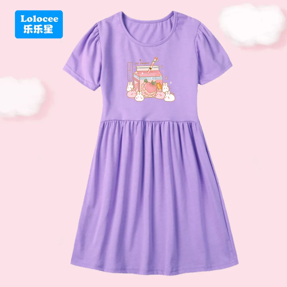 Sommer Baby Mädchen Baumwolle Kleid Kind Kinder Niedlichen Häschen & Pfirsich Saft Gedruckt Kurzarm Cartoon Nette Prinzessin Kleider YLZH1 Image