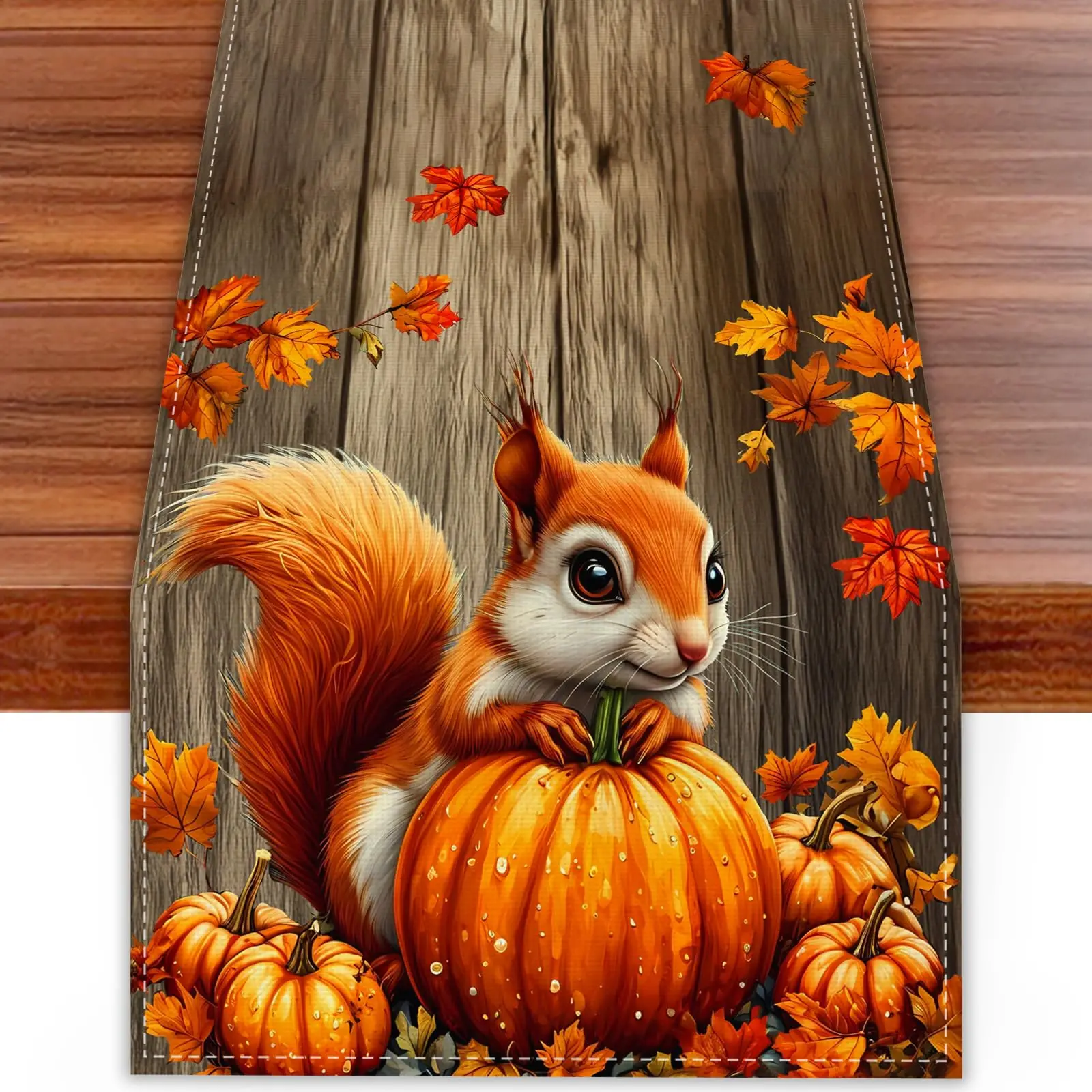 VIKAMA Tischläufer, Kürbis, Eichhörnchen, Herbst-Tischdecke, saisonale Küchentischdekoration, Heim-Party-Dekoration Image