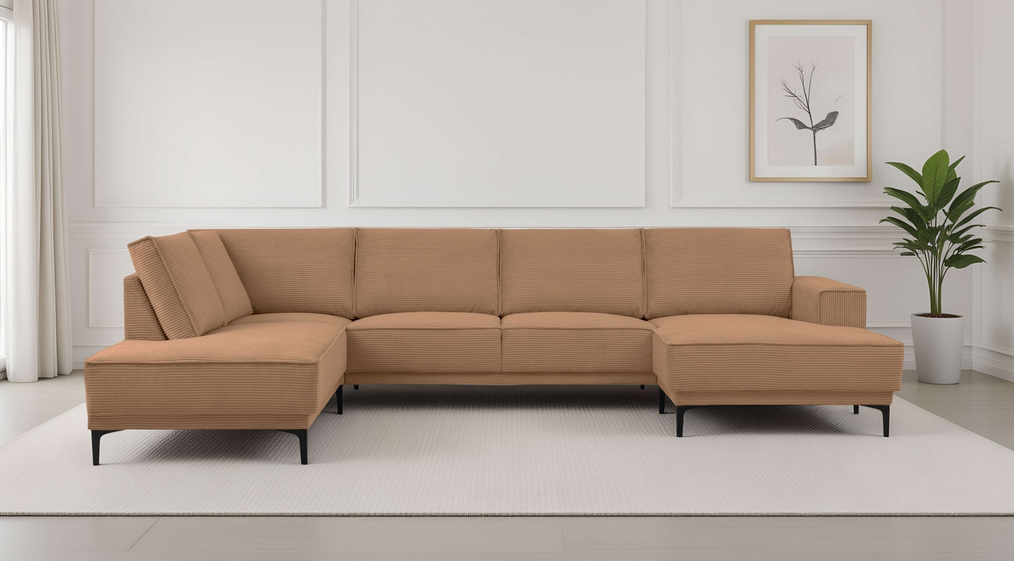 Wohnlandschaft OTTO HOME "XXL Sofa Oland, Struktur, Flachgewebe, Luxus-Microfaser, Boucle", light braun, B:345cm H:85cm T:210cm, 92%PES 8%NY, Sofas, Wohnlandschaft, U-Form, 345 cm, Wellenunterfederung, Skandi-Design, Metallfüße