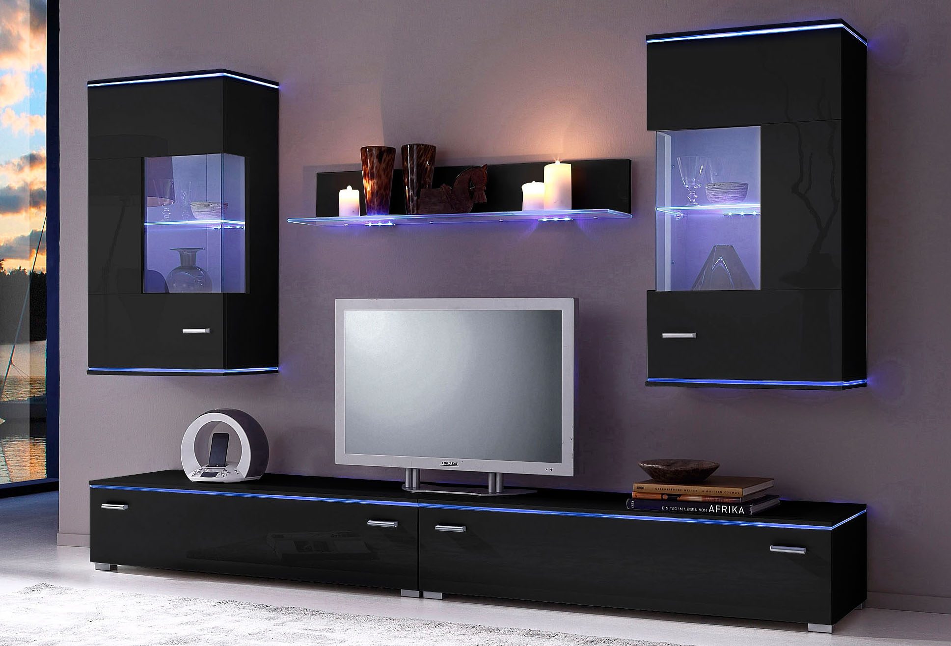 Wohnwand HÖLTKEMEYER "Happy", schwarz, Kastenmöbel-Sets, Wohnwand, Set besteht aus 2 Hängevitrinen, 2 Lowboards und 1 Wandregal
