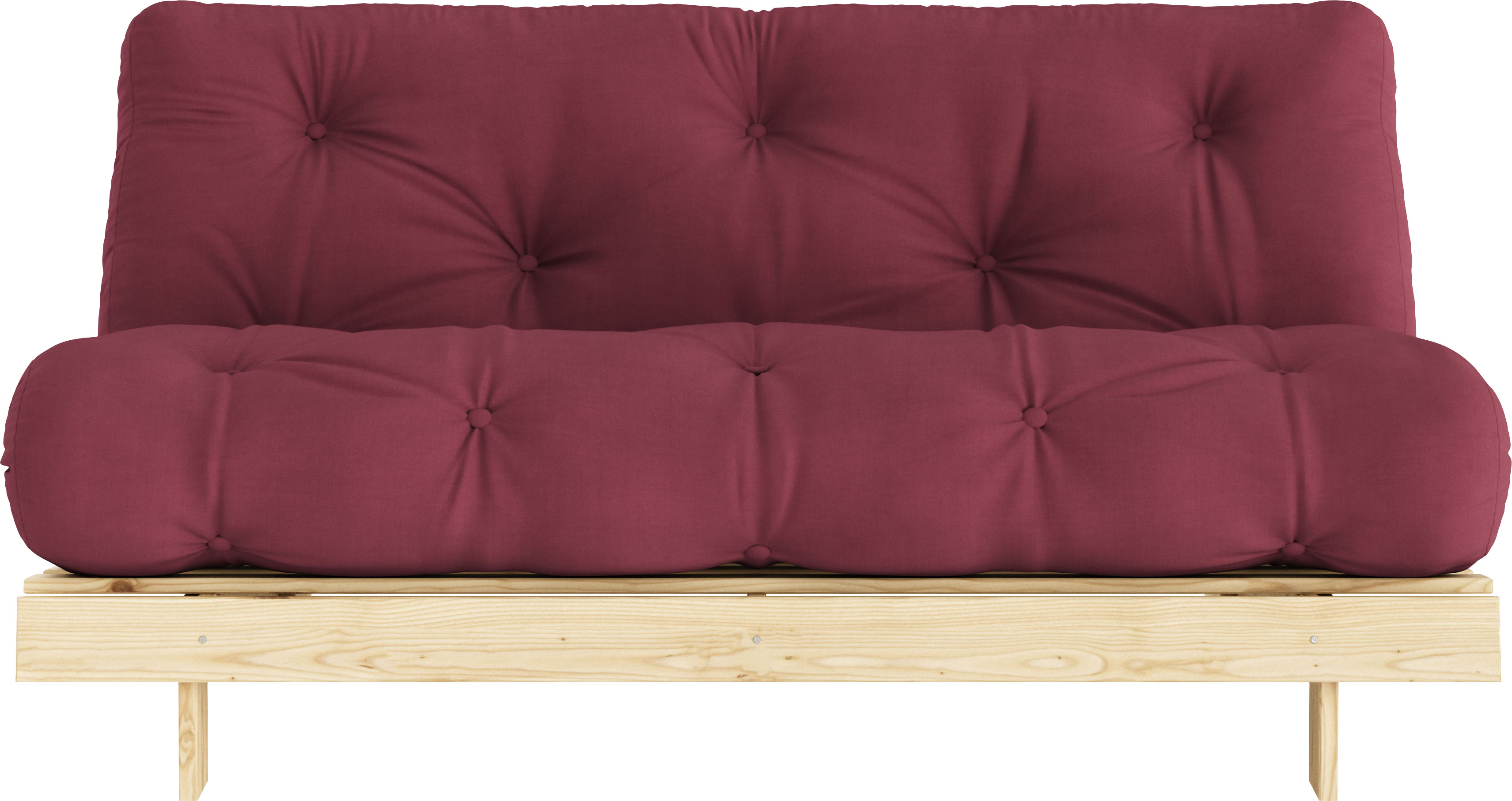 Daybett KARUP DESIGN "Daybett Roots Schlafsofa – Gästebett & Sofa aus FSC-Kiefer", rot (bordeaux), B:160cm H:85cm, Bezug: 80% Baumwolle, 20% Polyester, Daybetten, Inkl. Futonmatratze, in mehreren Größen & Farben erhältlich Image