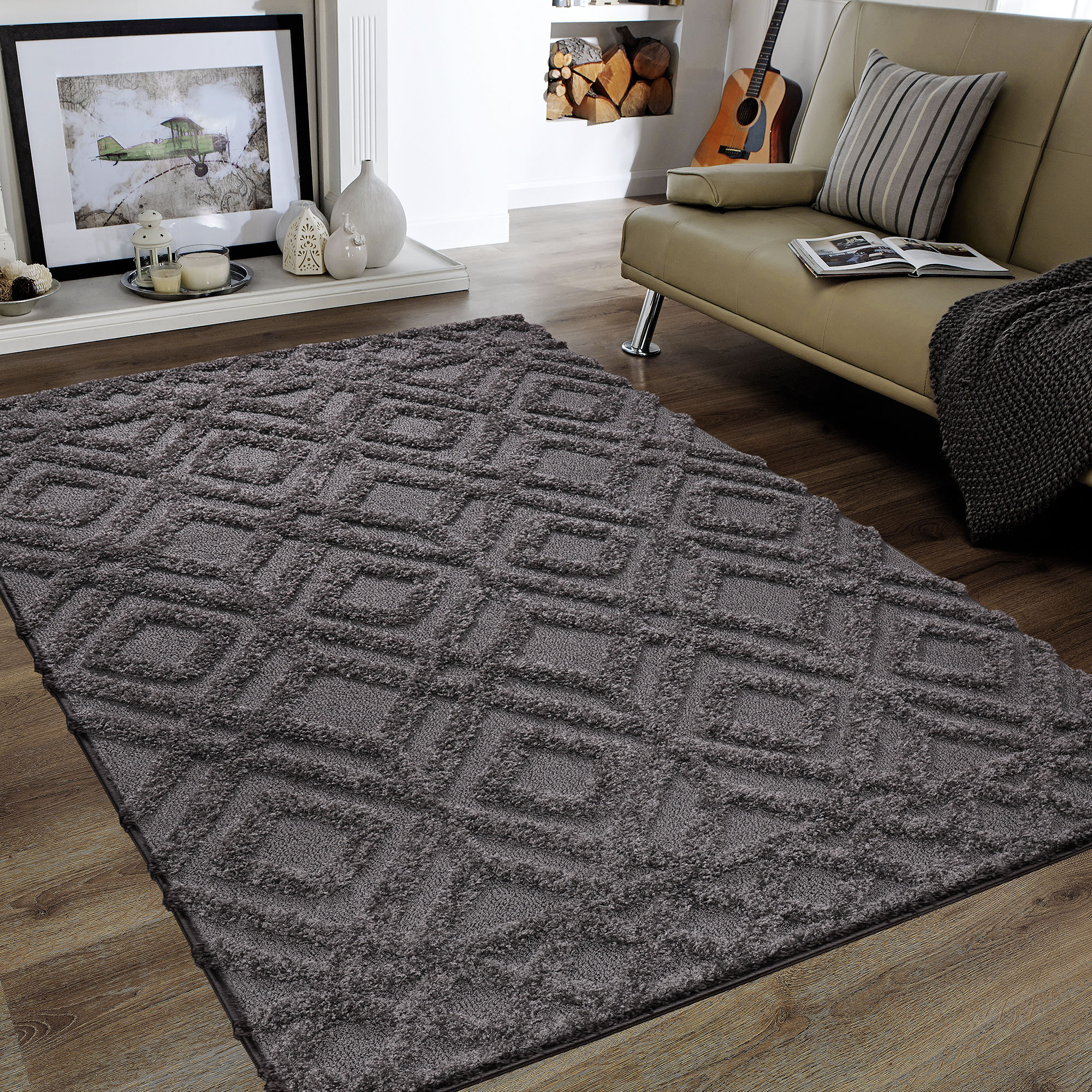 Hochflor-Teppich SANAT "Luxus 3506", grau (mittelgrau), B:80cm H:30mm L:150cm, Kunstfaser, Teppiche, robuster Langflor, weich, Wohnzimmer, Schlafzimmer Image