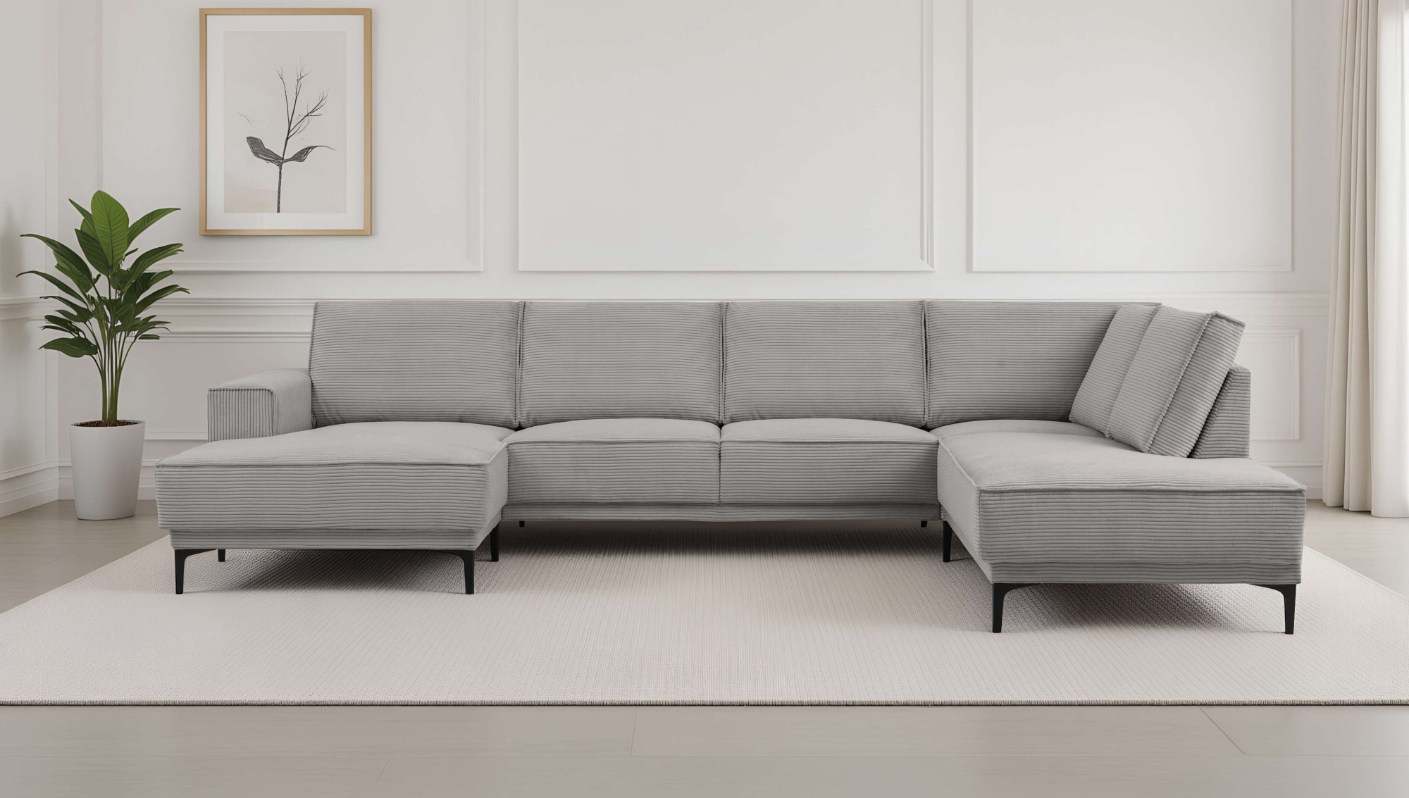 Wohnlandschaft OTTO HOME "XXL Sofa Oland, Struktur, Flachgewebe, Luxus-Microfaser, Boucle", light grau, B:345cm H:85cm T:210cm, 92%PES 8%NY, Sofas, Wohnlandschaft, U-Form, 345 cm, Wellenunterfederung, Skandi-Design, Metallfüße