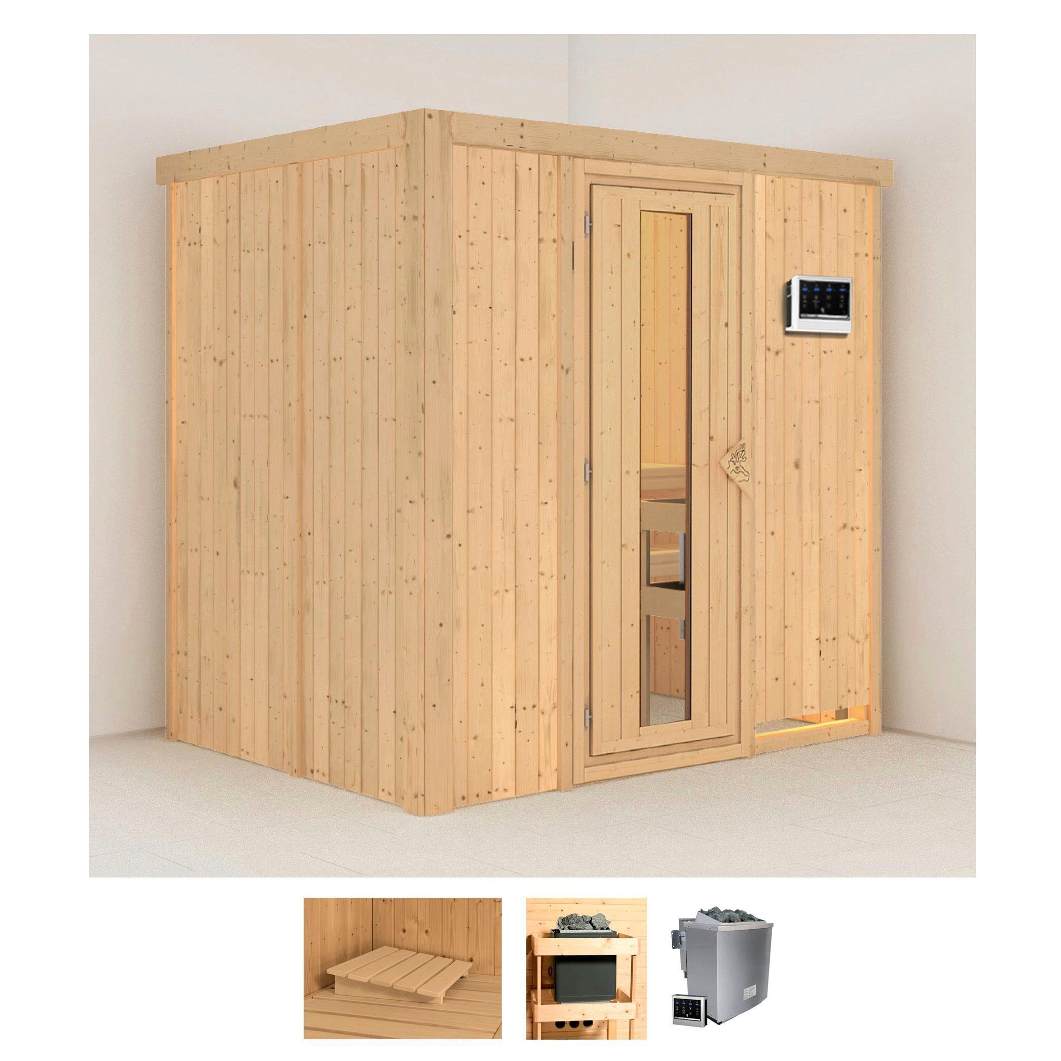 Sauna KARIBU "Bedine", beige (naturbelassen), Bio-Kombiofen, externe Steuerung, 9 kW, Saunen, 9 KW-Bio-Ofen mit externer Steuerung Image