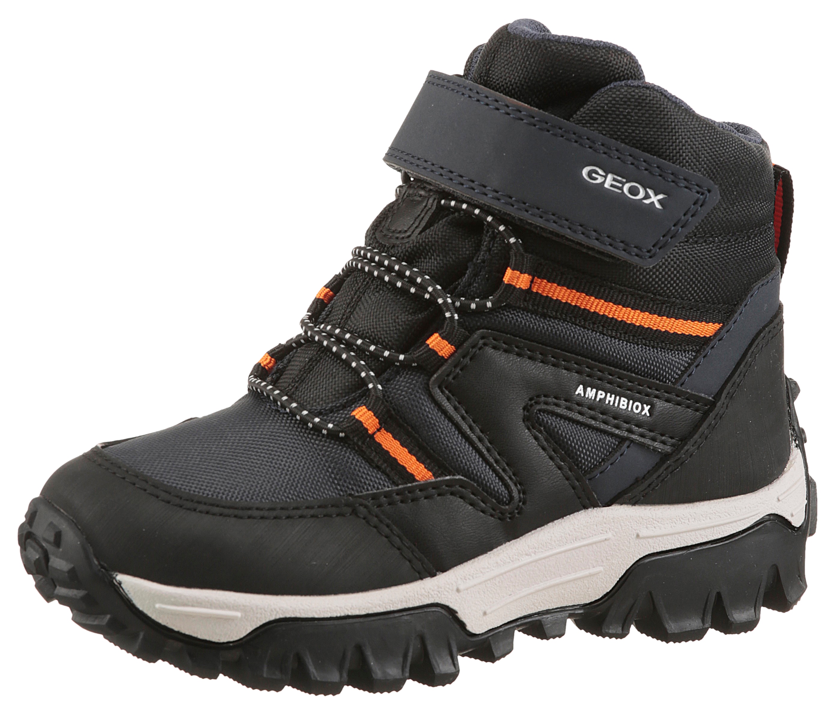 Winterboots GEOX "J HIMALAYA BOY B ABX", Kinder, Gr. 39, navy, orange, Synthetik, Textil, kontrastfarbene Details, Schuhe, Snowboots, Klettstiefel mit Warmfutter, Größenschablone zum Download