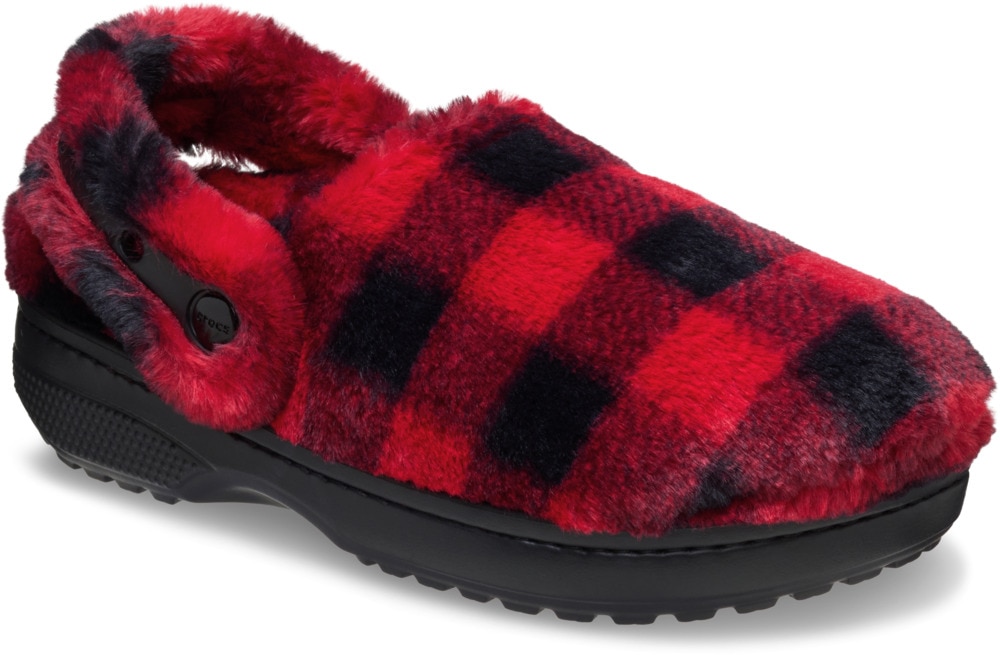 Hausschuh CROCS "Classic Buff Check Cozzy Slipper", Damen, Gr. 37, schwarz, rot, Croslite™, Textil, kariert, Schuhe Hausschuh, Pantoffel, Mule mit kariertem Muster
